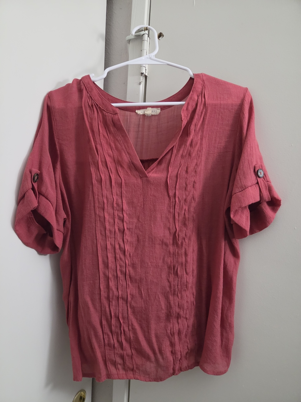 V-Neck Pink Pintuck Short Sleeve Blouse